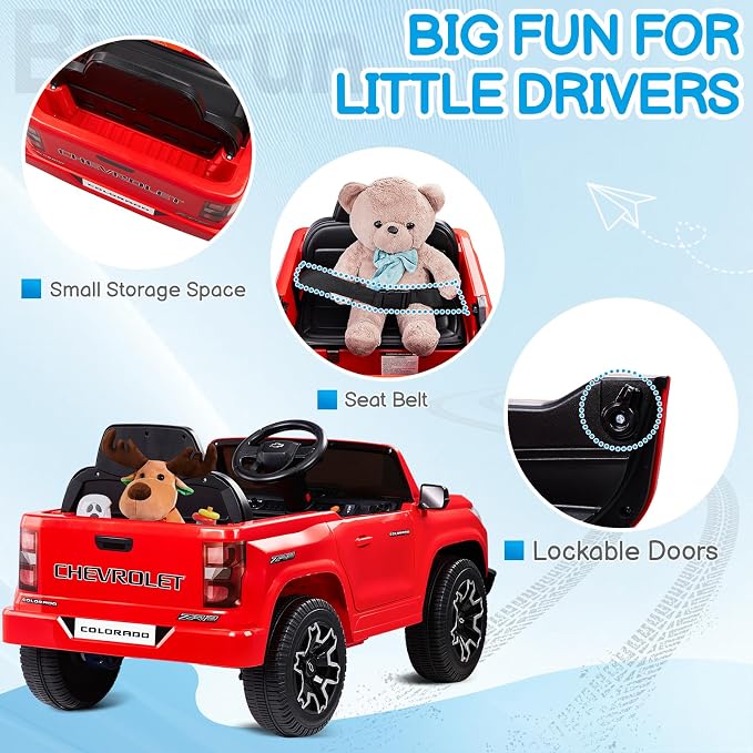 Licensed Chevrolet Colorado Electric Car for Kids, 12V Ride on Toys for Toddlers with Remote Control, Battery Powered Electric Car Ride On Vehicle w/Bluetooth, Soft Start, LED Lights - Red