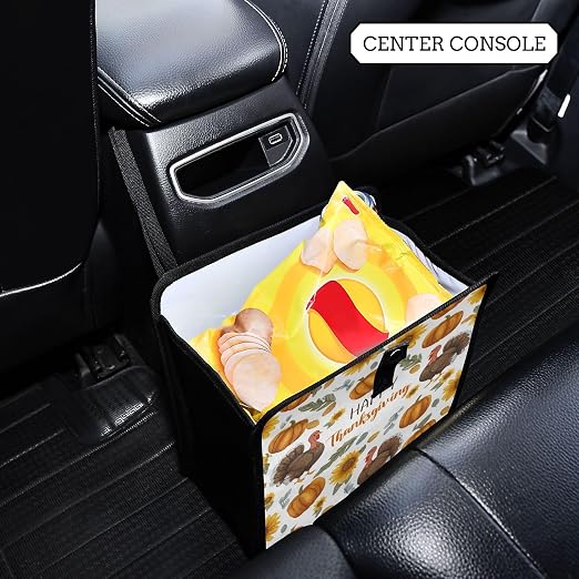 Car Trash Can Organizer Bin with Adjustable Strap for Back Front Seat Console Waterproof Leakproof Collapsible Portable 11 Inch Thanksgiving Turkeys Sunflowers White