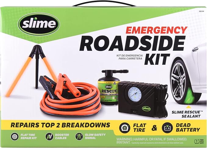 50154 Emergency Roadside Kit with Flat tire Repair and Booster Cables for Compact Cars, Standard Cars and Crossovers