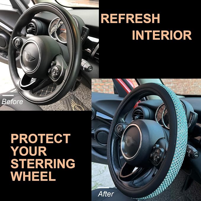 Large Size Bling Comfy Steering Wheel Cover with Jumbo Crystal Rhinestones, Anti-Slip Diamond Leather, 15.5-15.75 Inch (Sky Blue)