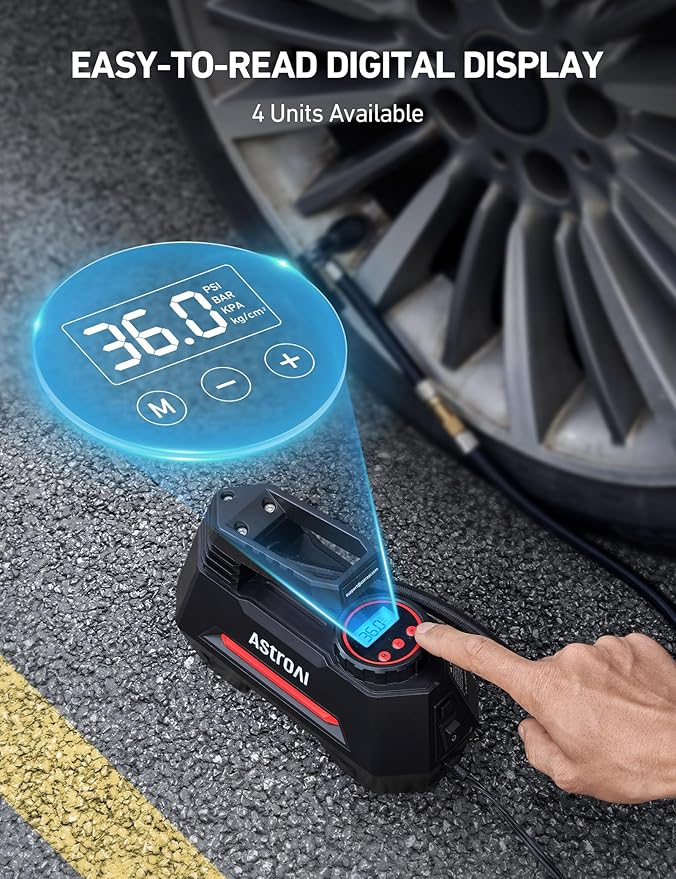 AIRUN H Tire Inflator Portable Air Compressor Air Pump for Car Tires - Car Accessories, 9.8Ft Cord-12V DC-Powered Auto Pump with Digital Pressure Gauge, LED Light for Bicycle, Balloons, Red