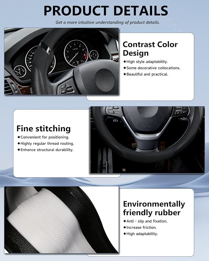 Car Steering Wheel Cover for Men Women Universal Leather Steering Covers for Car SUV (Full-Black)