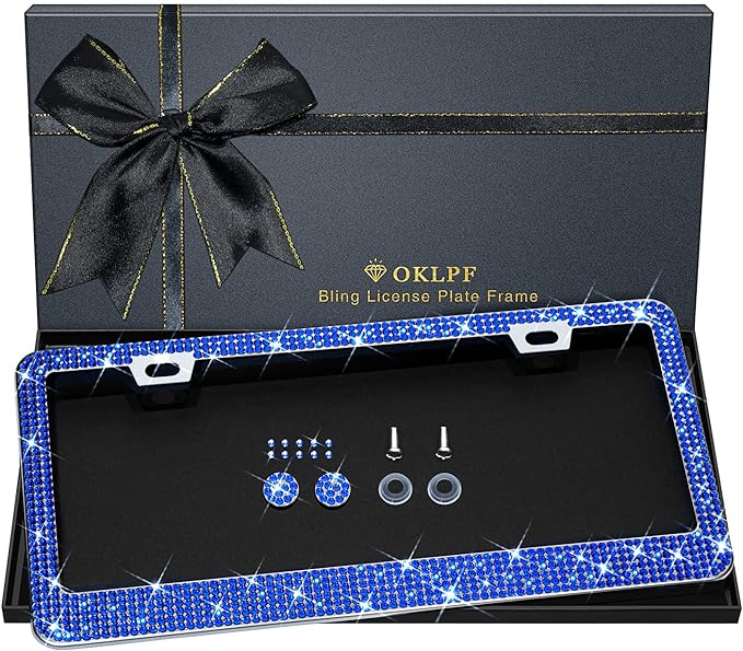 Bling License Plate Frame for Women, 1PCS Sparkly License Plate Frames| Over 1200 pcs 14 Facets Bedazzled Clear Glass Diamond Rhinestone Crystals w/Free Glitter Diamond Box (Dark Blue)