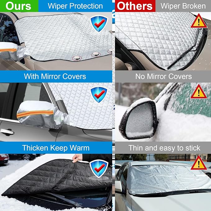 All-Weather Windshield Cover for Winter Ice & Snow and Summer Sun, 4-Layer Windproof Windshield Protector with Mirror Covers & Door Flaps, Universal Fit for Cars SUVs Trucks Vans (91” x 47”)