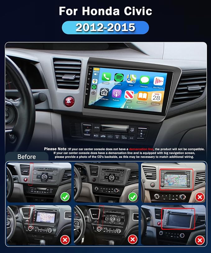 2+64G Car Stereo for Honda Civic 2012 2013 2014 2015 Wireless Carplay & Android Auto, 9 Inch Touch Screen Car Radio for Civic Bluetooth GPS Navigation DSP WiFi FM SWC for Honda Civic Radio