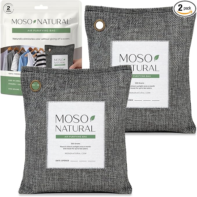 Air Purifying Bag 200g (2 Pack) Charcoal Odor Absorber, Car Odor Eliminator & Closet Deodorizer for Home & Pet, Lasts 2 Years, Unscented Bamboo Charcoal Bags, HGTV Editors' Pick