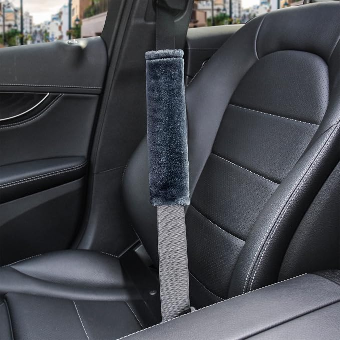 Soft Faux Fur Universal Fit Seatbelt Cover Car Truck SUV Airplane Seat Belt Shoulder Pad for Carmera Backpack Straps Neck Cushion Protector 2 Pack 10.5in Dark Blue Grey