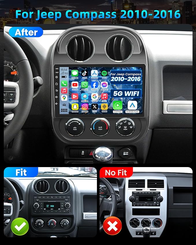 [4Core+64GB] Car Radio for Jeep Compass Patriot 2010-2016: 10'' 1280x800 IPS HD Touchscreen Head Unit Stereo with Wireless Carplay Android Auto 5GWiFi Bluetooth5.0 GPS FM SWC 1080 Backup Camera