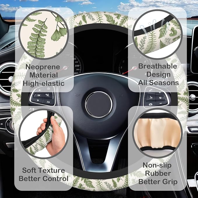 Leaves and Herbs Steering Wheel Cover with 2 Pcs Car Coasters Neoprene Steering Wheel Cover for Women Men Anti-Slip Breathable Car Accessories Universal 15 Inch Fit Auto Cars Trucks