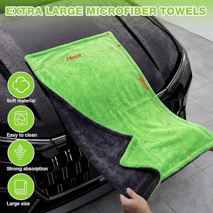 2 Pack Car Drying Towels 48"x24" Extra Large Microfiber Towels for Cars 1400gsm Super Absorbent Car Detailing Drying Towel Streak Free Lint Free No Water Spots Double-Twist Pile
