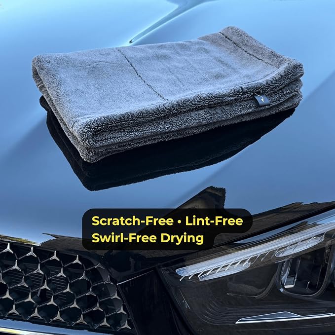 Sleek Max Dry 2000GSM Car Drying Towel 20x31, Black | Ultra-plush twist-loop microfiber, maximum absorption, soft on paint, double-sided, cars, trucks, SUVs & full-vehicle drying