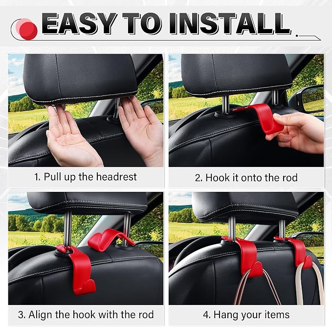 4 Pack Car Seat Headrest Hooks, Vehicle Back Seat Hanger Storage Organizer for Purse Handbag Backpack Coat Grocery, 360° Rotating Heavy Duty Holds 44lbs, Red