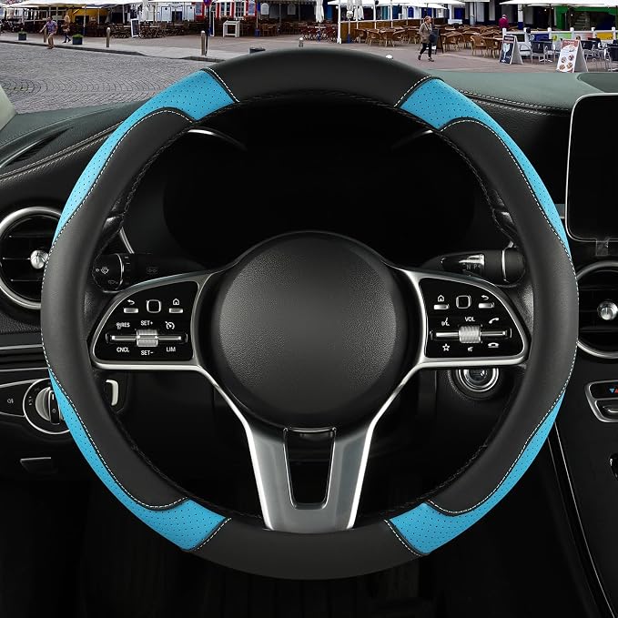 Black Blue Microfiber Leather Steering Wheel Cover 14 inch | Breathable Anti Slip Grip Cool Sporty Look Glow for Women Men