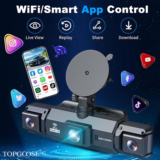 4 Channel Dash Cam 360° View, 2K FHD Front and Rear Inside, Left Right Dash Camera for Cars, 5G WiFi & APP Control, with 64GB SD Card, G-Sensor, 8 IR Lamps Night Vision (3.17 inches)
