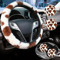 Brown Cow Fuzzy Steering Wheel Cover for Women, Universal Auto Steering Wheel 14-15 Inch Soft Warm Car Interior Accessories with 2PCS Car Coasters, Suitable for Men and Women