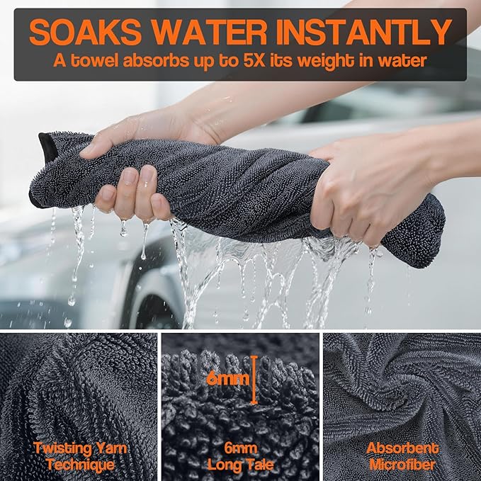 4 Pack Twisted Loop Car Drying Towel, Microfiber Towels for Cars 24"x36", Reusable Shammy Quick Dry Cloth for Carwash, for Auto, Boat, RV, Garage & Home