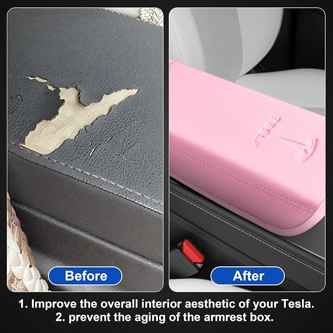 Center Console Leather Armrest Cover Designed for Tesla Model 3 2017-2023/Model Y 2020-2025,Center Console Accessories for Tesla Model 3/Y Interior Light Pink