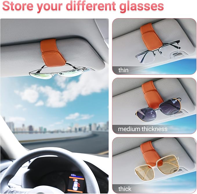 Sunglass Holder for Car Visor Sunglasses Clip Magnetic Leather Glasses Eyeglass Holder Truck Car Interior Accessories Universal for Woman Man -Orange