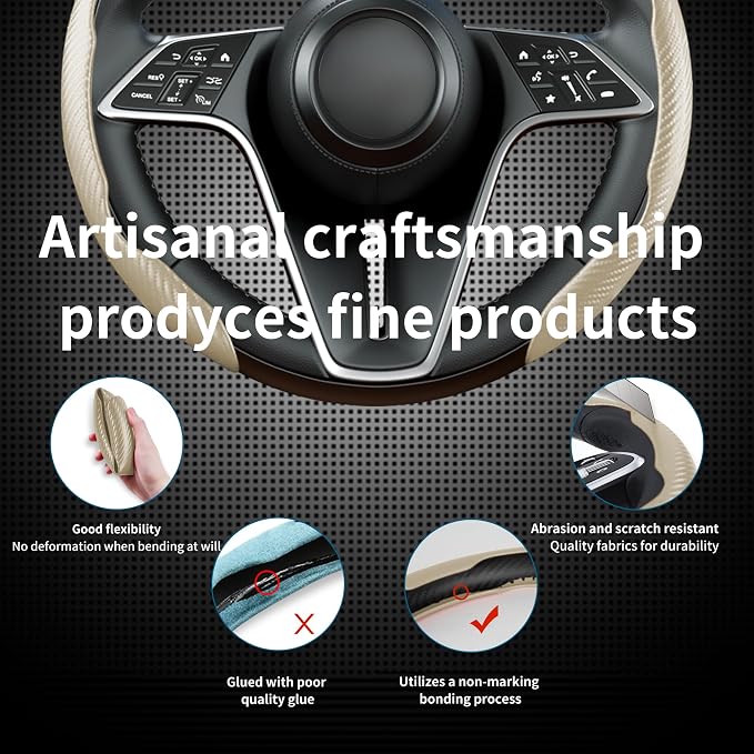 3Pcs Carbon Fiber Steering Wheel Cover Universal Fit 99% Cars | Non-slip soft grip, easy to wipe clean, quick to install, perfect for daily commutes and road trips, Beige