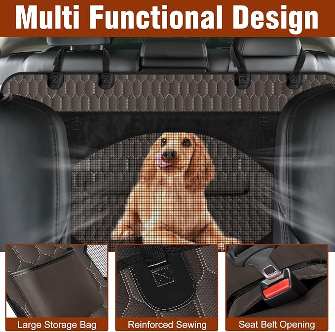 Waterproof Dog Car Seat Cover for Back Seat, Pet Hammock- S, Brown/Black | Durable waterproof hammock with nonslip design & storage pockets. Protects seats from scratches, fits cars, SUVs & trucks.