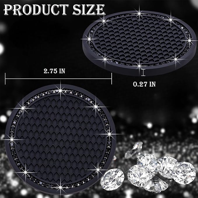 2PCS Bling Cup Holder Coaster, 2.75 Inch Auto Car Cup Holder Insert Coasters, Soft Silicone Anti-Slip Shockproof, Universal Vehicle Interior Accessories for Women Girls (Black)