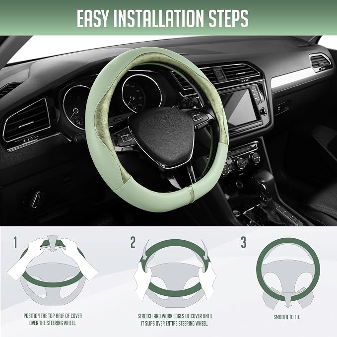 Steering Wheel Cover, Green Patterned Leather Patchwork Design, Universal Fit 14.5"–15.5" D-Shape Steering Cover, Soft PU Grain Leather, Durable Grip Car Accessory for Girls & Women