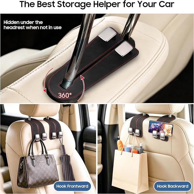 Car Headrest Hooks, Premium Suede with Metal Car Seat Back Storage Hooks for Handbag Coats Umbrella Backpack - 4 Pack, Black