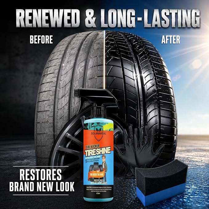 Tire Kicker Tire Shine Spray, Dry-to-Touch Tire Dressing with UV Blockers, High Gloss Tire Shine Kit with Applicator Sponge & Gloves, for Cars, Trucks, SUVs, Motorcycles & RVs