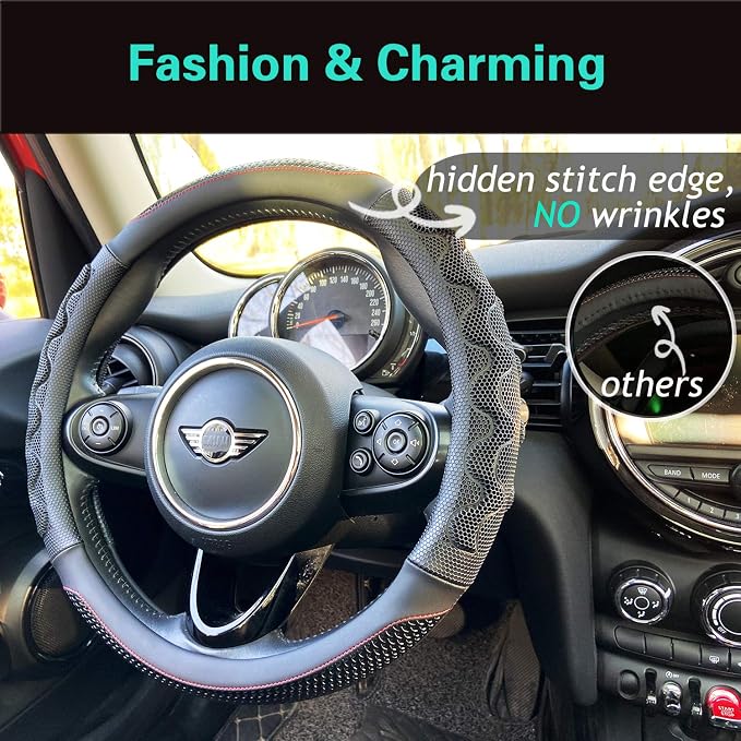Large Size Steering Wheel Cover Great Grip with 3D Honeycomb Anti-Slip Design, 15.5-15.75 Inch (Black/Red Stitch)