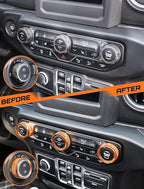 HVAC Climate Control Panel Knob Trim Kit & Light Control Switch Cover, Air Conditioner Knob Aluminum Alloy Ring for 2018-2025 Jeep Wrangler JL JLU & Gladiator JT, Interior Accessories,Orange