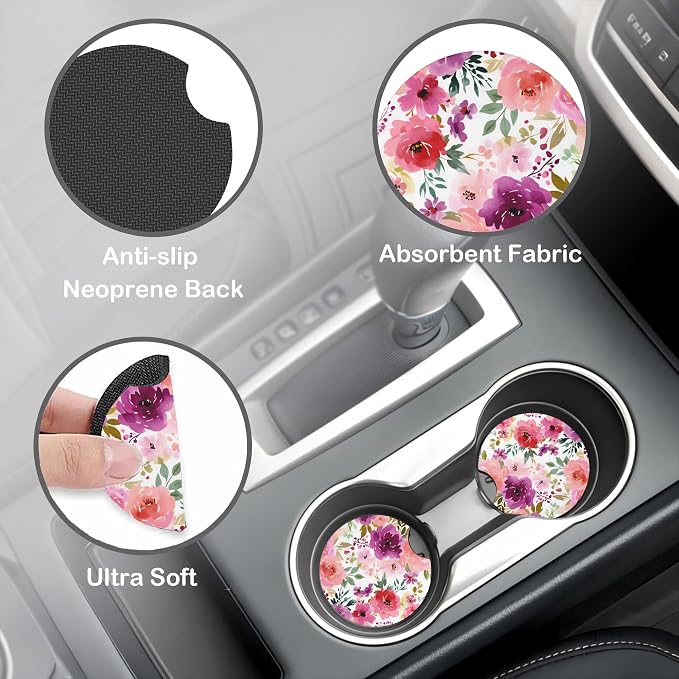 Watercolor Peony Floral Steering Wheel Cover for Women, Anti-Slip Car Steering Wheel Cover with 2 Pcs Cup Holders Neoprene Breathable Car Accessories Universal 15 Inch Auto Interior Decor