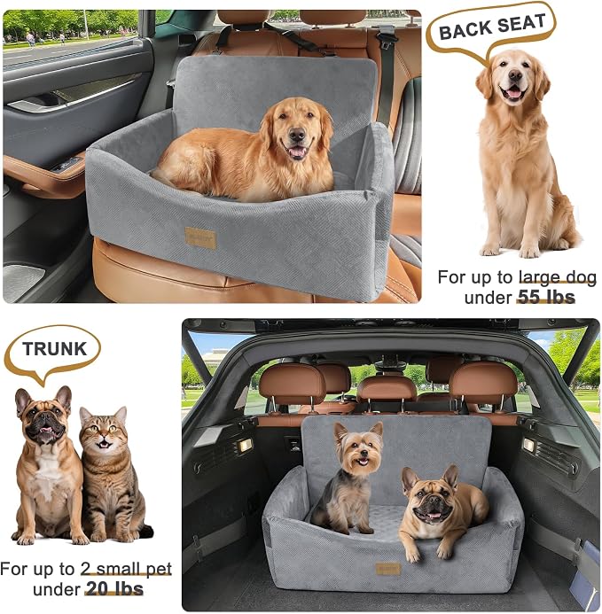 Dog Car Seat for Large Medium Sized Dogs Under 55 lbs, Dog Booster Seat for 2 Small Dogs with Detachable Washable Cover, Memory Foam Pet Car Seat with 2 Safety Belts and Storage Pockets