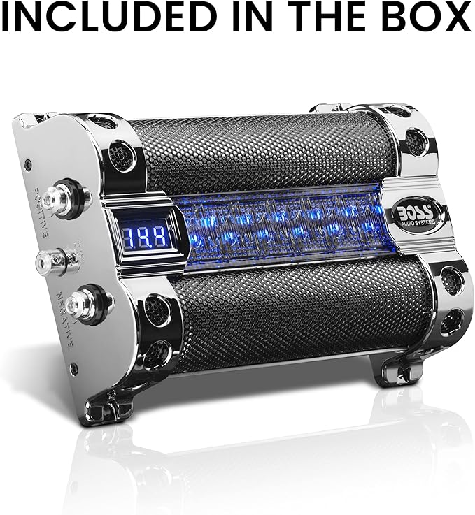CAP8 Car Capacitor - 8 Farad, Energy Storage, Enhanced Bass From Stereo, Warning Reverse Polarity Tone, Voltage Overload Low Battery Voltage Led