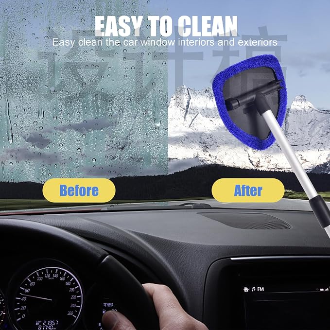 Windshield Cleaner Car Windshield Cleaning Tool with 3 Reusable, Washable Microfiber Pads and Extendable Handle Microfiber Car Window Cleaner