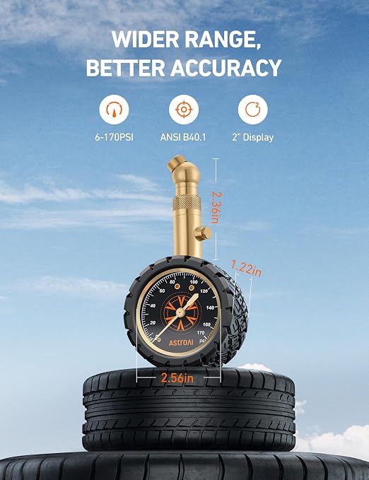 Tire Pressure Gauge 6-170 PSI, Large 2" Easy Read Glow Dial Tire Gauge, Certified ANSI B40.1(1%) Accurate, Compatible for Bicycle, Car, SUV, Truck & Motorcycle