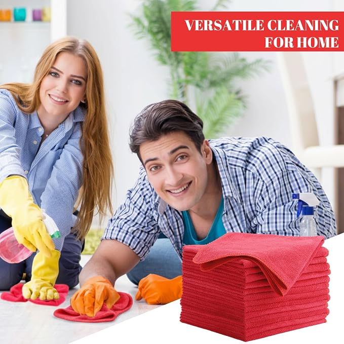 140 Pcs Microfiber Cleaning Cloths for Cars Ultra Absorbent Car Towels Drying Reusable Cleaning Supplies House Kitchen Window Microfiber Towel (Red,16 x 16 Inch)