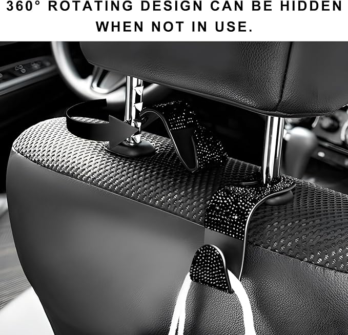 4 PCS Car Seat Headrest Hooks, Bling Crystal Rhinestone Back Seat Hanger Storage Organizer, Sparkly Seatback Holder Hooks for Purse and Bags Universal For Most Vehicles (Black)