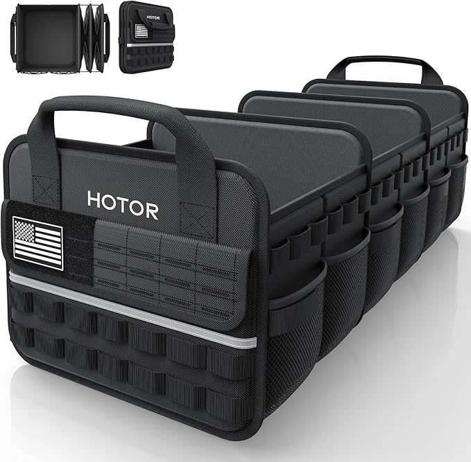 Tactical Car Trunk Organizer - Foldable Trunk Organizer for SUV with Front MOLLE Pocket & Reflective Strips, Essential Car Accessories for Tools & Outdoor Storage, 15.0" x 31.5" x 11.0", Black