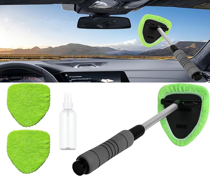 Car Windshield Cleaner Tool with Reusable Microfiber Pads Extendable Handle (1, Green)