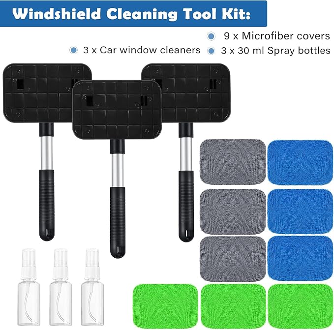 3 Set Windshield Cleaner Tool Inside Car Window Cleaner Tool with 3 Extendable Handle 9 Reusable Microfiber Pads and 3 Spray Bottles for Auto Home Interior Exterior Glass Cleaning (Multicolor)
