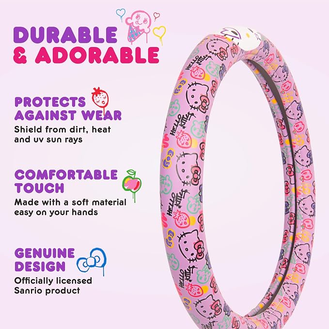 Hello Kitty Steering Wheel Cover, Official Sanrio Car Steering Wheel Cover with Universal Size 14.5-15.5, Cute Steering Wheel Cover for Women, Hello Kitty Car Accessories (Lavender Print)