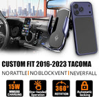 Car Phone Mount for Toyota Tacoma 2016–2023, Smart Auto-Clamping on Custom Dashboard Base, 15W Wireless Fast Charging, 360° Adjustable, Without Blocking Airflow, Toyota Tacoma Essential Accessories