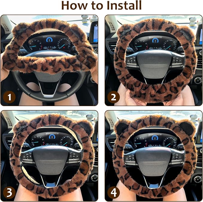 Fuzzy Car Steering Wheel Cover, Warm Fluffy Leopard Steering Wheel Cover with Cute Ears, Soft Plush Furry Car Accessories Decor for Women, Non-Slip Universal 15 inch Fit Vehicle, Truck, SUVs