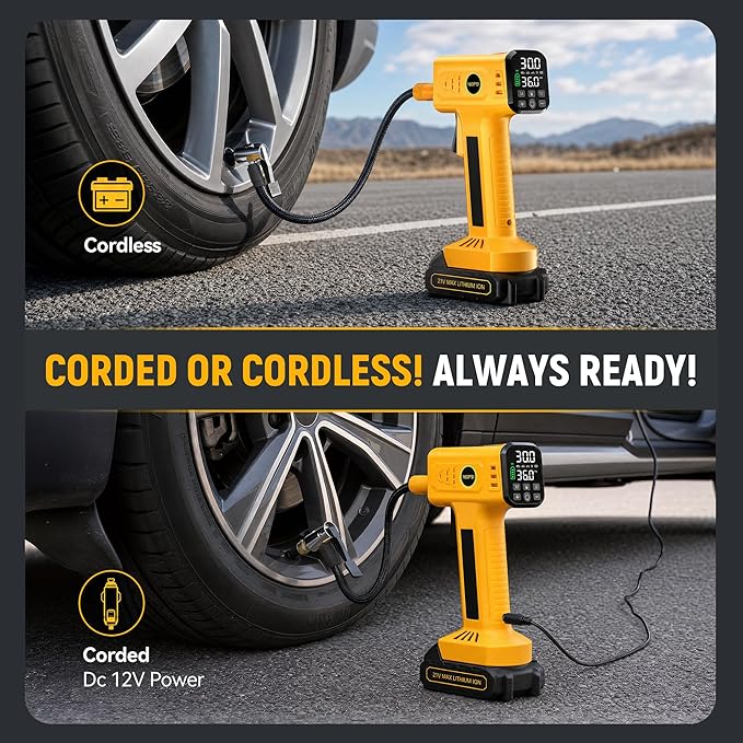 Tire Inflator Portable Air Compressor, Fast Inflation, 160 PSI Cordless Tire Inflator with 21V Rechargeable Battery & 12V Car Power Adapter, Air Pump for Car Tires, SUV, Motorcycle, Bike, Ball