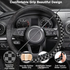 Chessboard Steering Wheel Cover,Black Grey Checkered Universal 15" Elastic Car Steering Wheel Cover with 2 PCS Car Coasters,Anti-Slip Breathable Accessories for Auto,SUVs,Truck