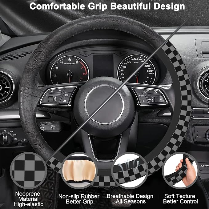 Chessboard Steering Wheel Cover,Black Grey Checkered Universal 15" Elastic Car Steering Wheel Cover with 2 PCS Car Coasters,Anti-Slip Breathable Accessories for Auto,SUVs,Truck