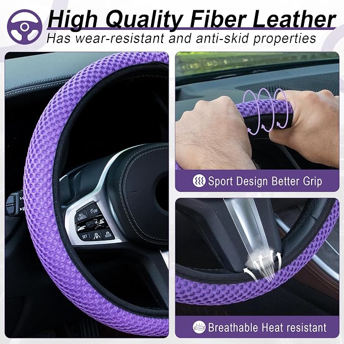 Elastic Stretch Steering Wheel Cover, Universal Interior Accessories Steering Wheel Cover for Women & Men, Breathable Microfiber Ice Silk, Anti-Slip, Odorless, Easy Carry(Purple)