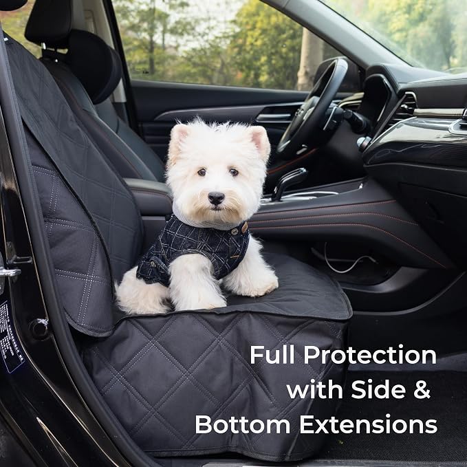 Waterproof Front Seat Dog Cover for Car SUV Truck, with Side Flaps, Black | Odorless Material, for Bucket Seat/Captain Chair, Full Protection