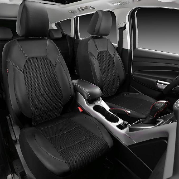 Leather Two Front Car Seat Cover; 4Pcs Waterproof Car Floor Mats & Steering Wheel Cover,Universal Fit Airbag Compatible Automotive Interior Covers (Combo Set, Black)