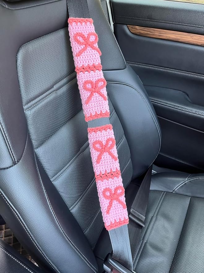Handmade Crochet Pink Bow Car Steering Wheel Covers Universal 14-15 inch,Cute Steering Wheel Cover,Car Accessories (A: Wheel Cover+2Belt Cover)